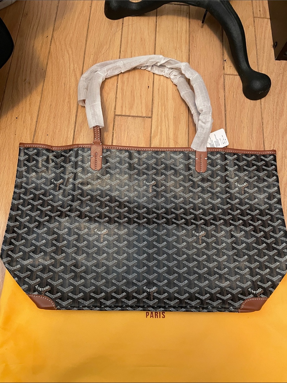 Black Patterned Tote with Brown  Trim and Handles